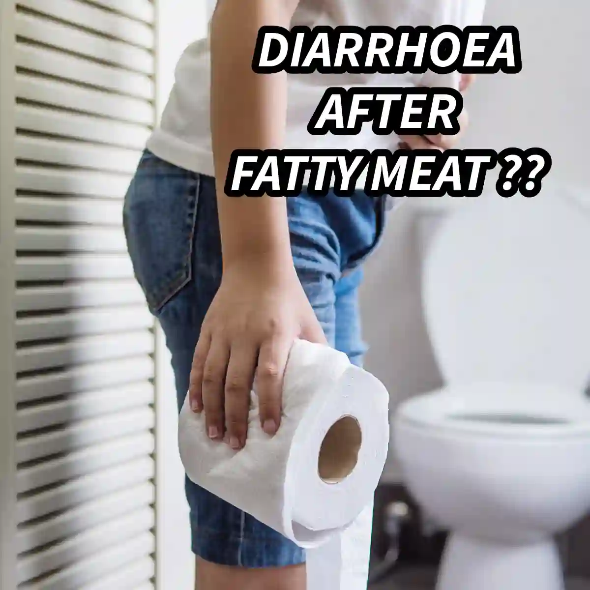 Young boy holding tissue paper in a toilet with stomach discomfort, illustrating diarrhea after eating fatty food