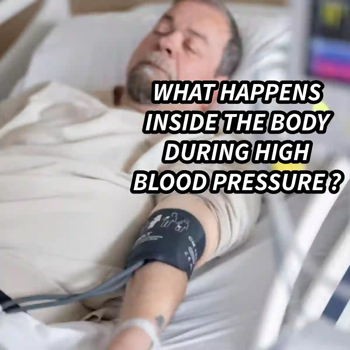 Older man resting in hospital bed with blood pressure cuff on arm for monitoring